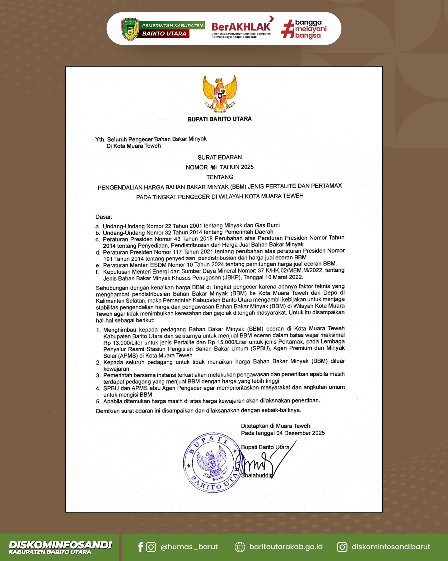 Pemkab Barut Keluarkan Surat Edaran Tegaskan Oknum Penjual BBM Nakal